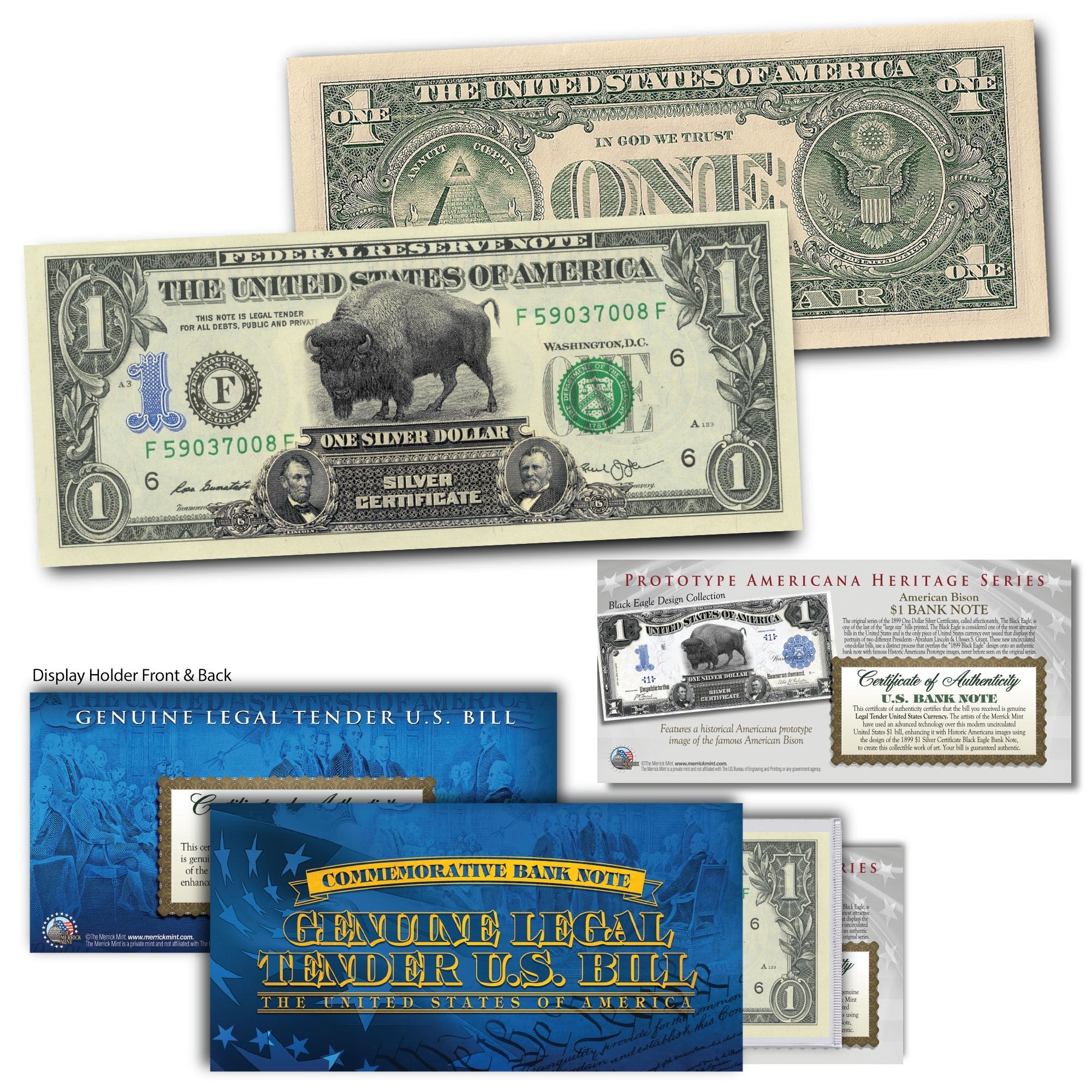 American Buffalo Bison PROTOTYPE 1899 Black Eagle on Modern Genuine US $1 Bill - Image 2